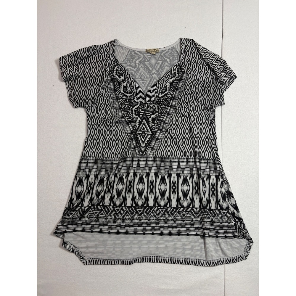 Energe World Wear Womens Large Black White Geometric Tribal V-Neck Tunic Top